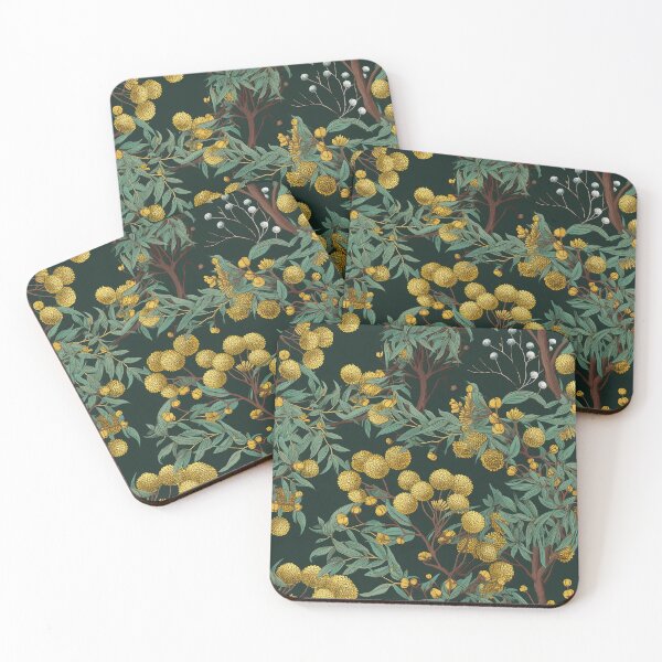 Item preview, Beautiful Native Australian wallpaper for bookcovers and homewares. Floral blooms of wattle and budding eucalypt leaves on dark background 3 designed and sold by NatTex.