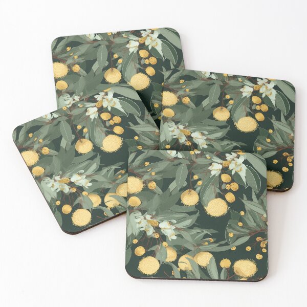 Item preview, Beautiful Native Australian wallpaper for bookcovers and homewares. Floral blooms of wattle and budding eucalypt leaves on dark background 4 designed and sold by NatTex.