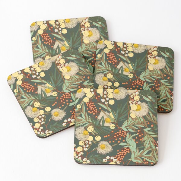 Item preview, Beautiful Native Australian wallpaper for bookcovers and homewares. Floral blooms of wattle and budding eucalypt leaves on dark background 5 designed and sold by NatTex.