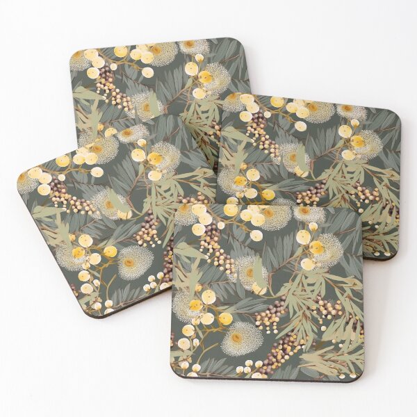 Item preview, Beautiful Native Australian wallpaper for bookcovers and homewares. Floral blooms of wattle and budding eucalypt leaves on dark background 6 designed and sold by NatTex.