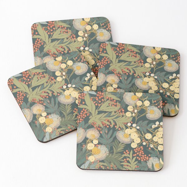 Item preview, Beautiful Native Australian wallpaper for bookcovers and homewares. Floral blooms of wattle and budding eucalypt leaves on dark background 7 designed and sold by NatTex.