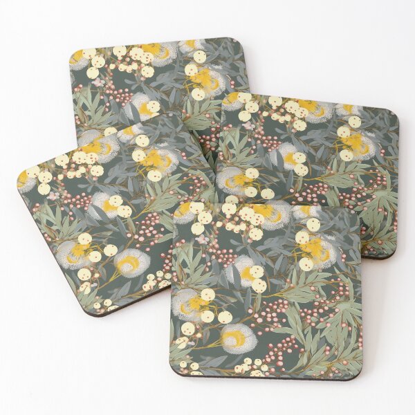 Item preview, Beautiful Native Australian wallpaper for bookcovers and homewares. Floral blooms of wattle and budding eucalypt leaves on dark background 8 designed and sold by NatTex.