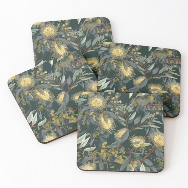 Item preview, Beautiful Native Australian wallpaper for bookcovers and homewares. Floral blooms of wattle and budding eucalypt leaves on dark background 9 designed and sold by NatTex.