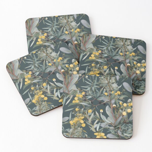 Item preview, Beautiful Native Australian wallpaper for bookcovers and homewares. Floral blooms of wattle and budding eucalypt leaves on dark background 10 designed and sold by NatTex.