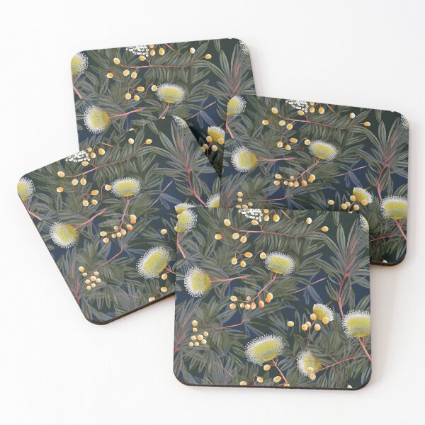 Item preview, Beautiful Native Australian wallpaper for bookcovers and homewares. Dense branches of eucalypt leaves with wattle buds and blossoms on dark background 1 designed and sold by NatTex.