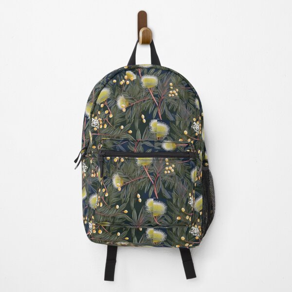 Item preview, Beautiful Native Australian wallpaper for bookcovers and homewares. Dense branches of eucalypt leaves with wattle buds and blossoms on dark background 1 designed and sold by NatTex.