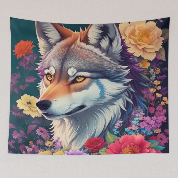 Item preview, Colorful Wolf With Flowers designed and sold by Angelle55.