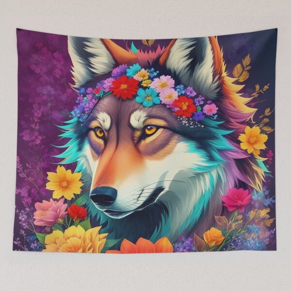 Item preview, Colorful Wolf With Flowers Fantasy  designed and sold by Angelle55.