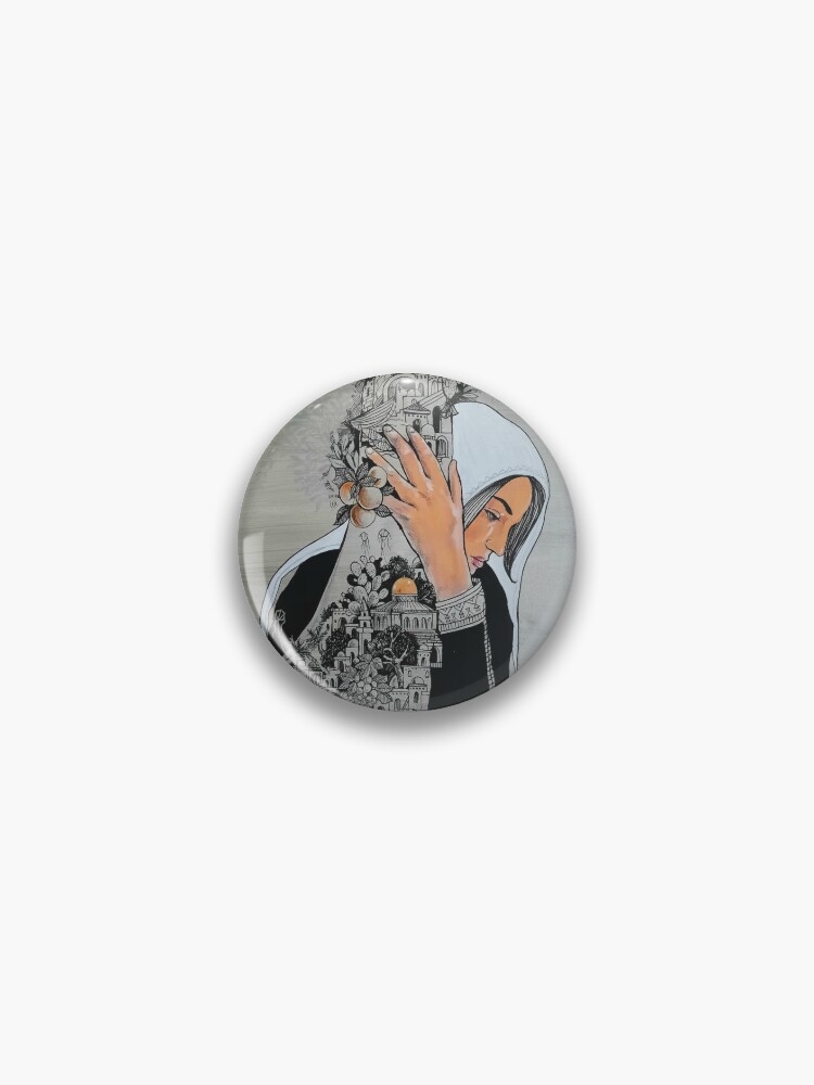 Palestinian Woman Protecting the Land of Palestine Painting Pin for Sale  by Hurriyyatee Palestine