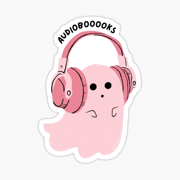 Item preview, audiobooooks - cute pink ghost listening to an audiobook designed and sold by catdiasart.