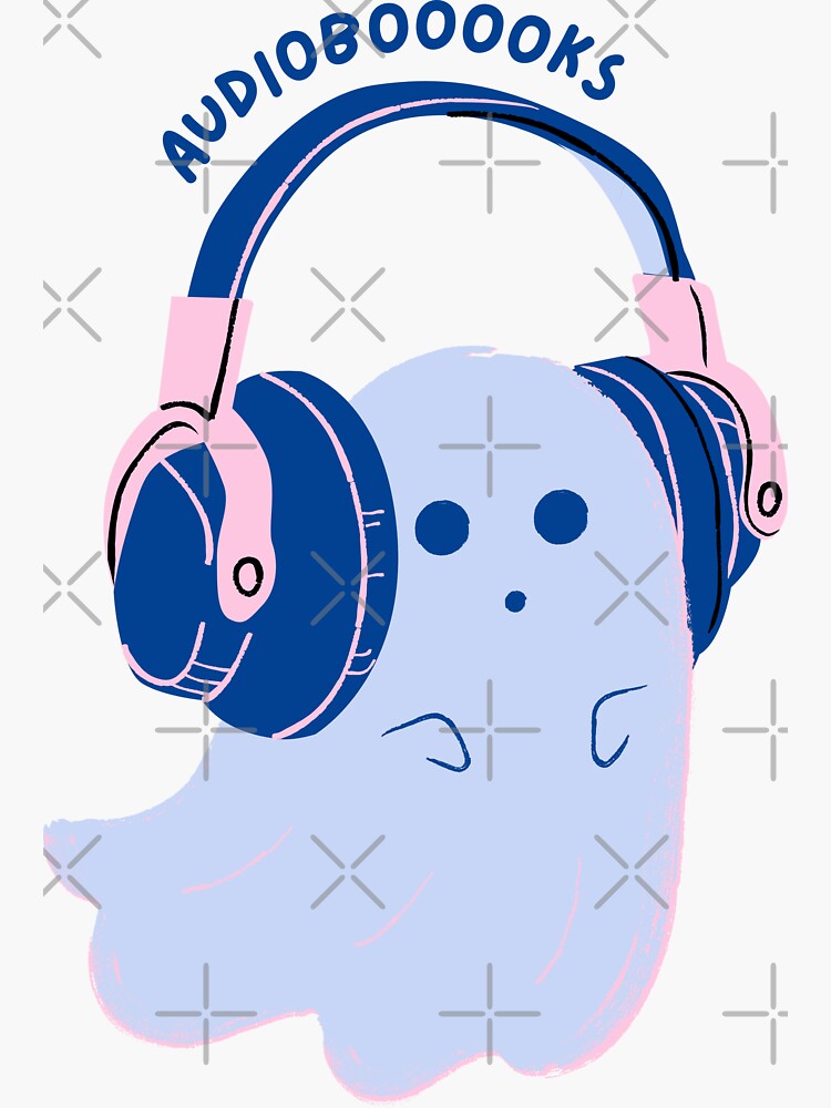 Thumbnail 3 of 3, Sticker, audiobooooks - cute blue ghost listening to an audiobook designed and sold by catdiasart.