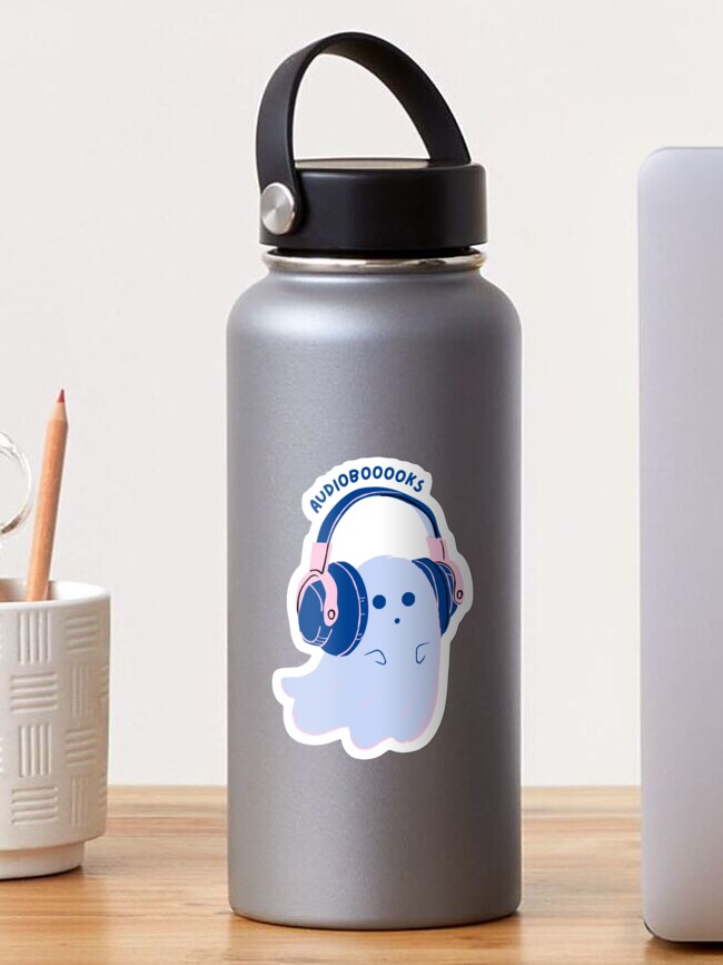 Thumbnail 1 of 3, Sticker, audiobooooks - cute blue ghost listening to an audiobook designed and sold by catdiasart.