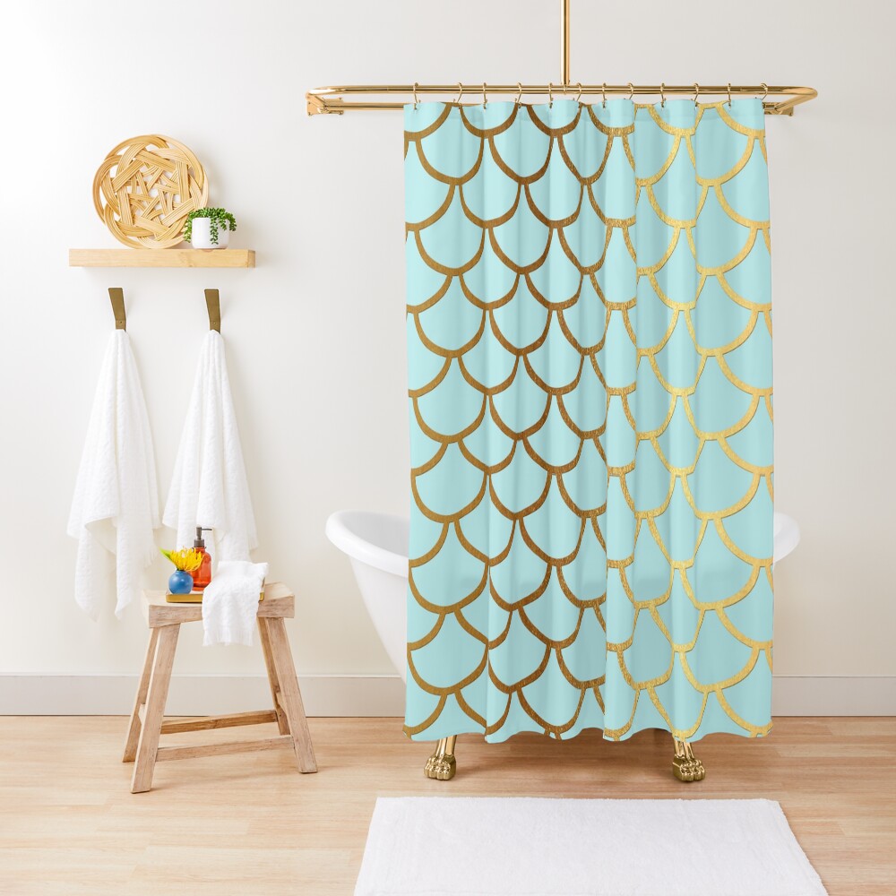 Turquoise Teal and Gold Glitter Mermaid Scales Shower Curtain