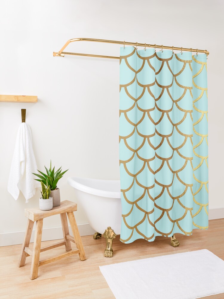 Alternate view of Turquoise Teal and Gold Glitter Mermaid Scales Shower Curtain