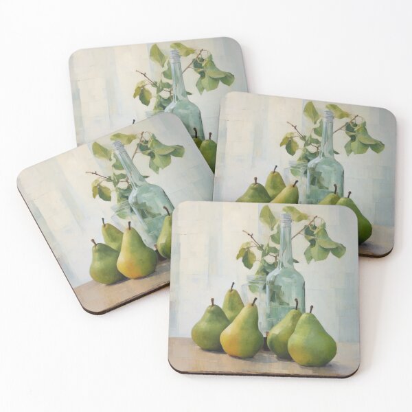 Item preview, Still Life Painting of Pears on a Wooden Table with a Water Bottle and a Vase designed and sold by PaletaLuminosa.