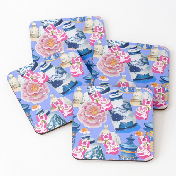 Item preview, Pink Staffordshire dogs, roses and chinoiserie jars on lavender background designed and sold by SophieClimaArt.