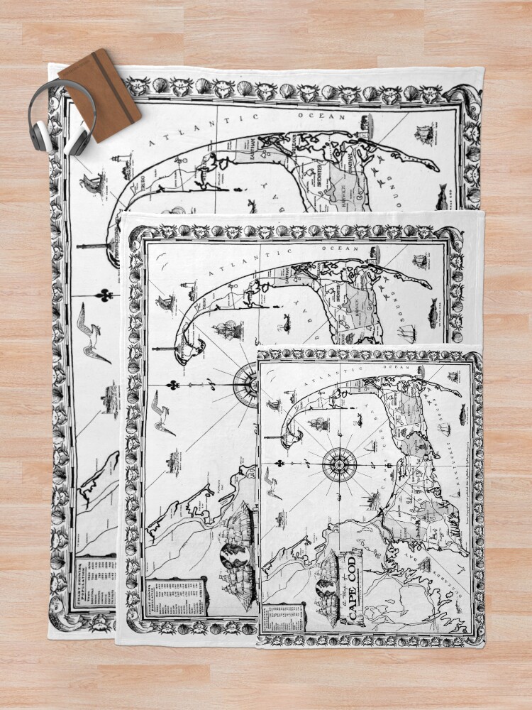 Thumbnail 5 of 6, Throw Blanket, Vintage Map of Cape Cod BW  designed and sold by BravuraMedia.