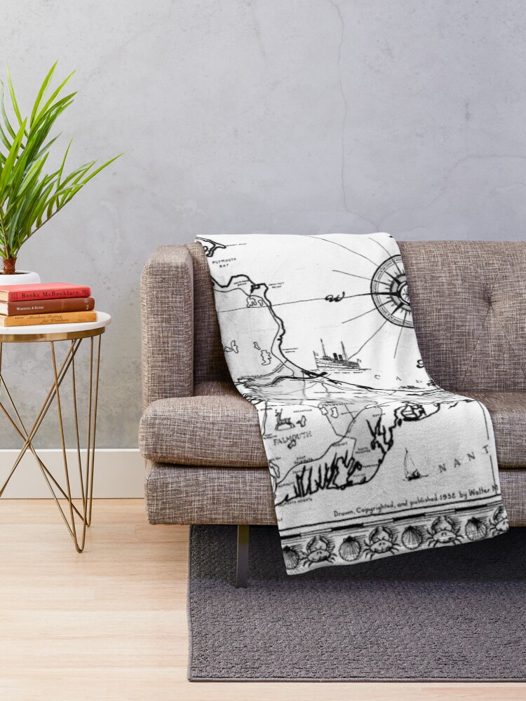 Thumbnail 2 of 6, Throw Blanket, Vintage Map of Cape Cod BW  designed and sold by BravuraMedia.