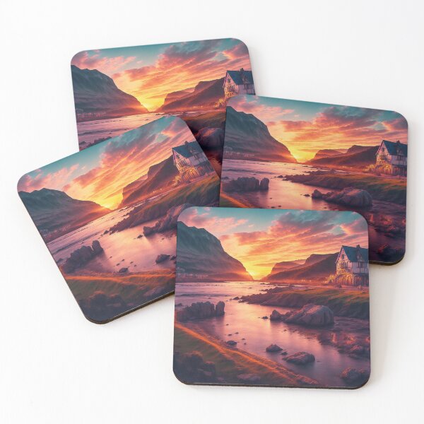 Item preview, Coastal Town Landscapes With Vibrant Sunsets or Sunrises Over the Water, Casting a Warm and Golden Light on the Town and Creating a Magical and Romantic Ambiance, Ai Generated Art designed and sold by AiGens.