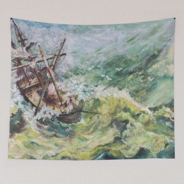 Item preview, Vintage nautical oil painting with stormy sea and sailing ship breaking up designed and sold by ArtyBuys.