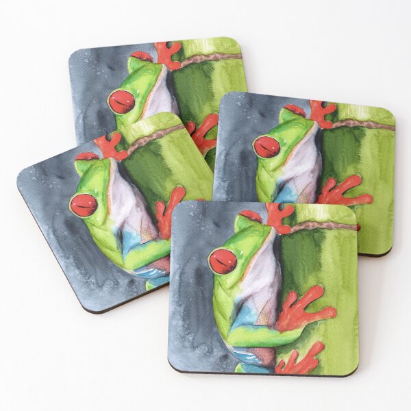 Item preview, Watercolor funny colorful frog on a green bamboo designed and sold by MaryWatercolor.