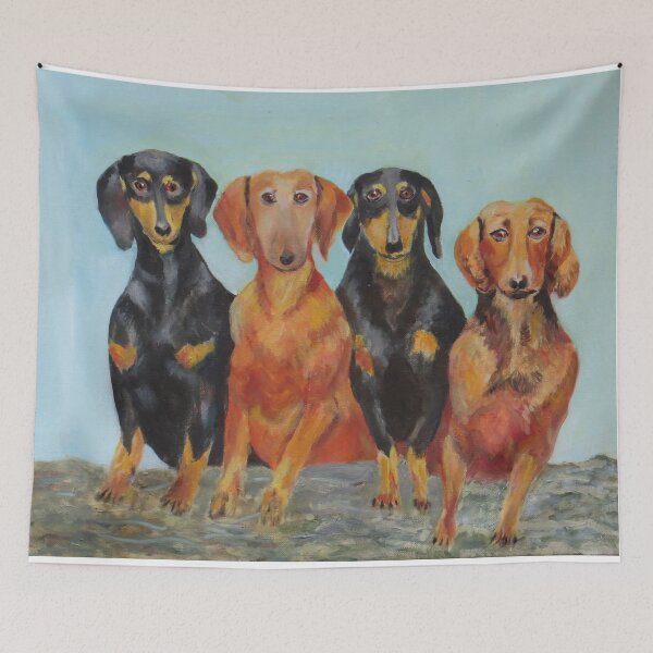 Item preview, Les Quatre Chiens, Four Dogs Painting - Original Painting of Four Dogs, Daschund Types Painted in Naive Impressionist Style by Legendary Artist designed and sold by CloudofKnowing.