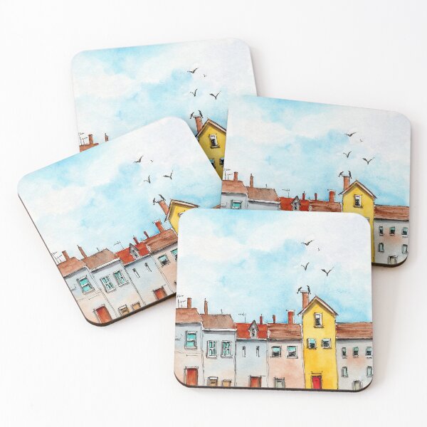 Item preview, Watercolor illustration of a small and cozy town street with colorful houses designed and sold by MaryWatercolor.