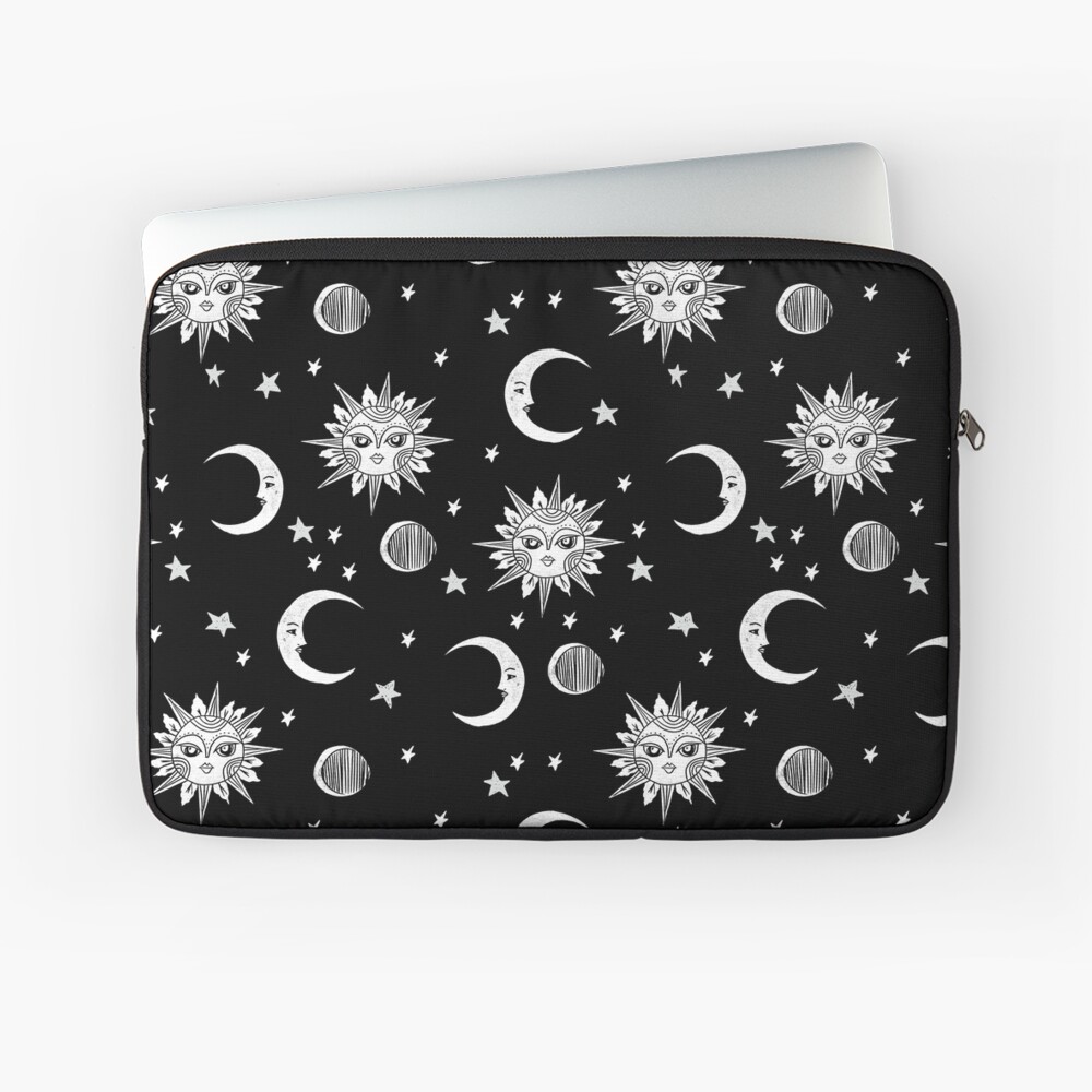 Linocut black and white sun moon and stars outer space zodiac astrology gifts Laptop Sleeve