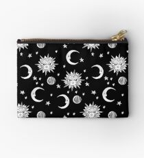 Linocut black and white sun moon and stars outer space zodiac astrology gifts Studio Pouch