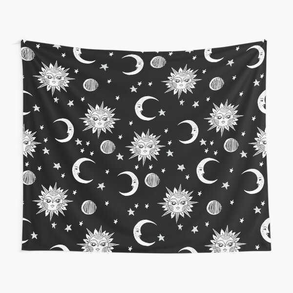 Linocut black and white sun moon and stars outer space zodiac astrology gifts Tapestry