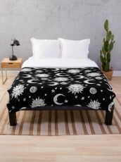 Manta Linograbado en blanco y negro sol luna y estrellas espacio exterior zodíaco astrología regalos