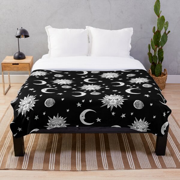 Linocut black and white sun moon and stars outer space zodiac astrology gifts Throw Blanket