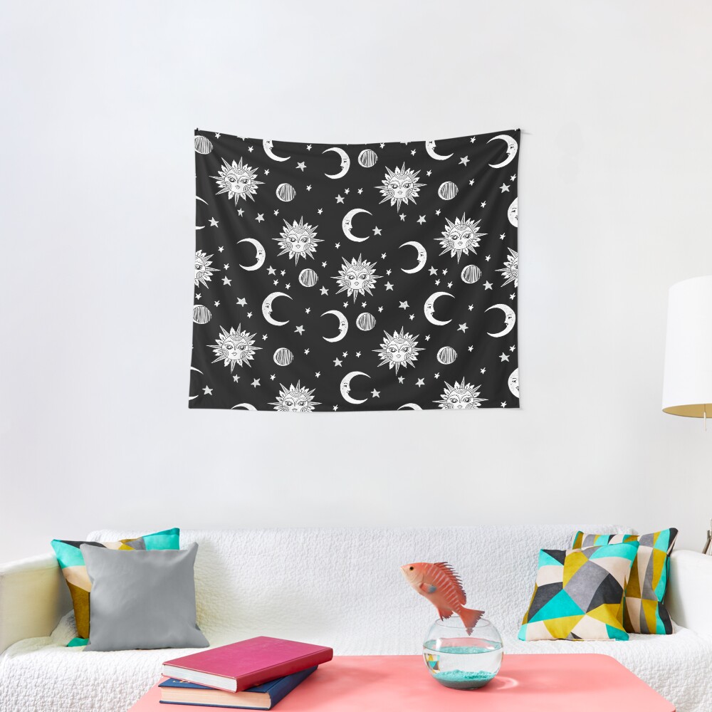 Linocut black and white sun moon and stars outer space zodiac astrology gifts Tapestry