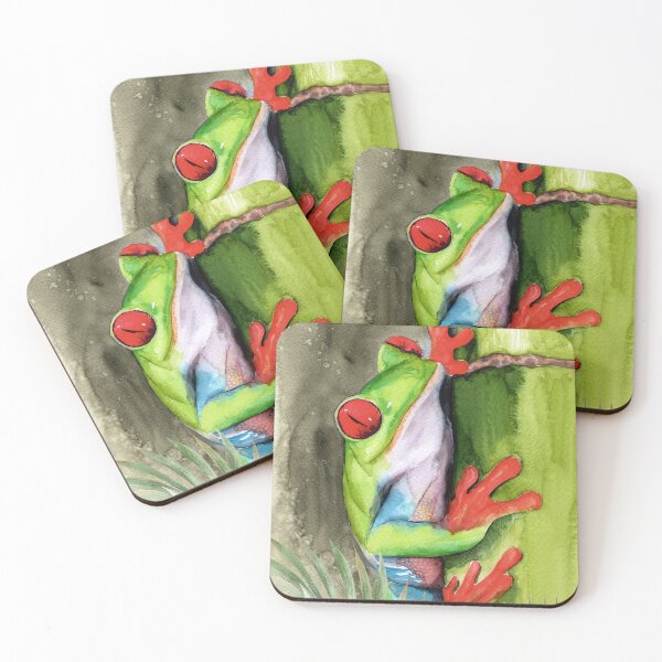 Item preview, Watercolor funny colorful green frog on a green bamboo designed and sold by MaryWatercolor.