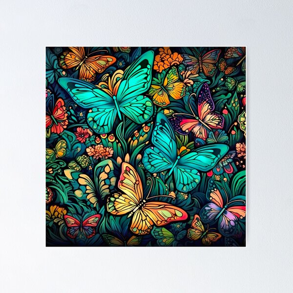 Póster Fondo colorido pintado a mano con mariposas voladoras. Imagen creada  con acuarelas. 
