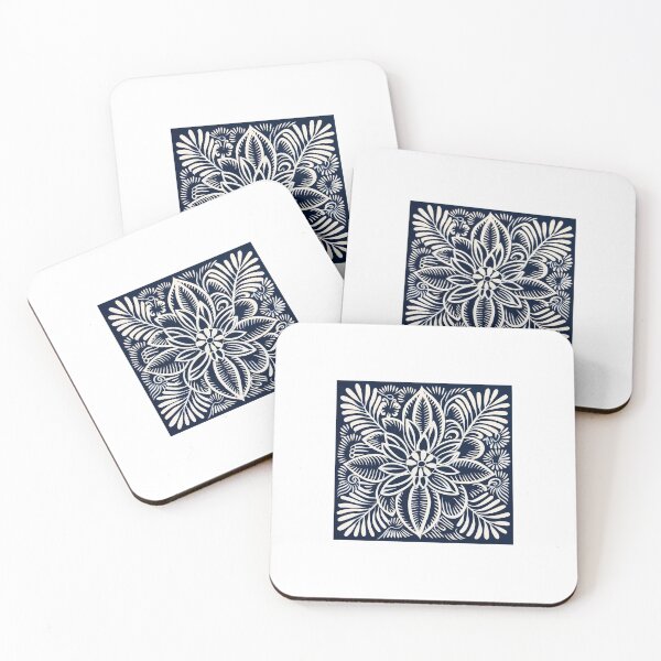 Item preview, Blue and white nature and floral linograph vintage folk art designed and sold by Earth Nature Creations.