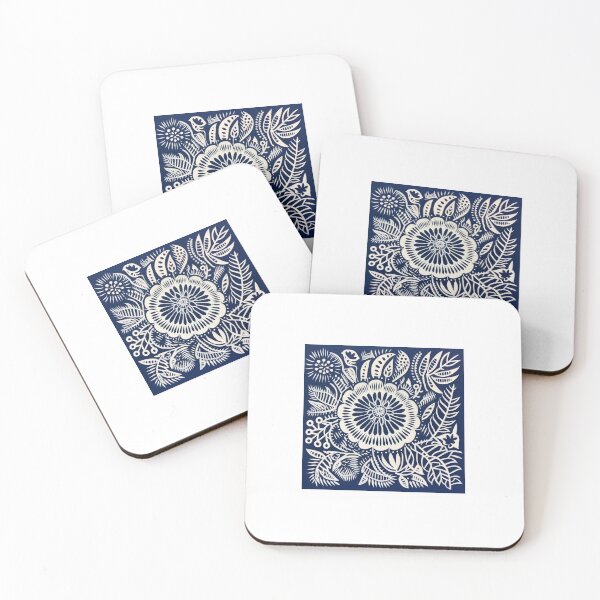 Item preview, Blue and white nature and floral linograph vintage folk art designed and sold by Earth Nature Creations.