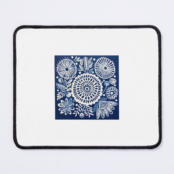 Item preview, Blue and white nature and floral linograph vintage folk art designed and sold by Earth Nature Creations.