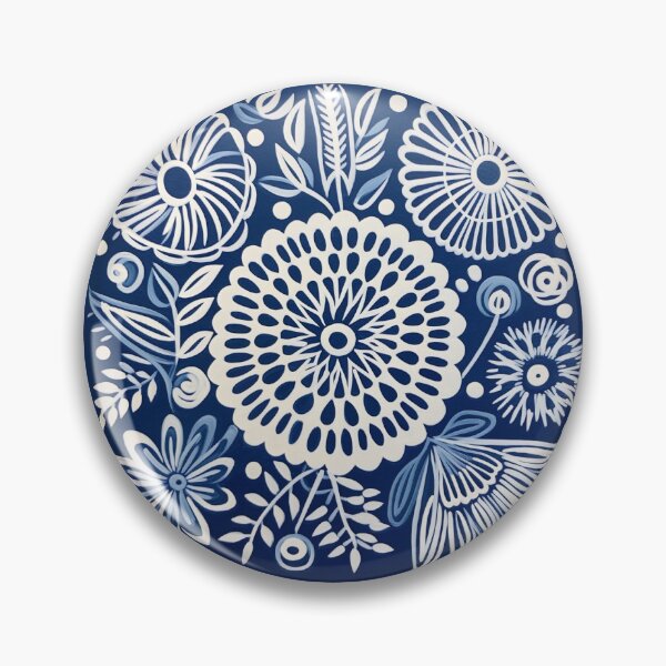 Item preview, Blue and white nature and floral linograph vintage folk art designed and sold by Earth Nature Creations.