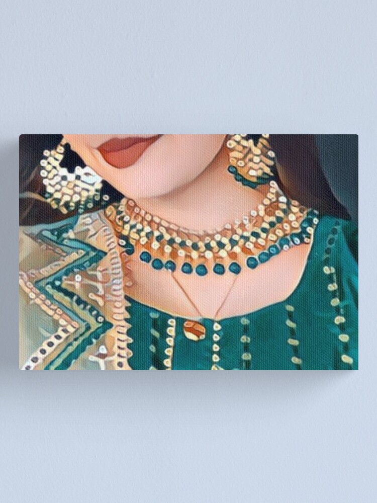 Punjabi Girl Aesthetic Art, South Asian Art, Green Suit and Green Jewellery  Canvas Print