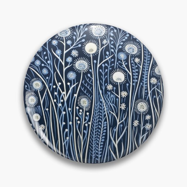 Item preview, Blue and white nature and floral linograph vintage folk art designed and sold by Earth Nature Creations.