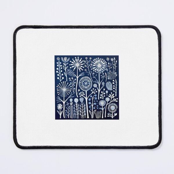 Item preview, Blue and white nature and floral linograph vintage folk art designed and sold by Earth Nature Creations.