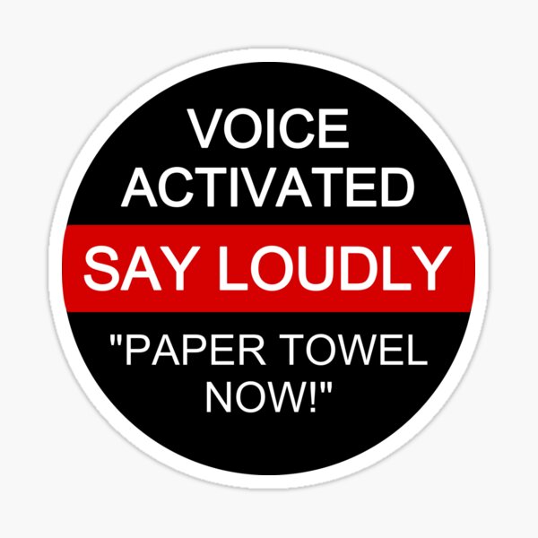 Vista previa del artículo con la obra «Etiqueta engomada de la mordaza del dispensador de toallas de papel activado por voz», diseñado y vendido por CavemanArtHut.