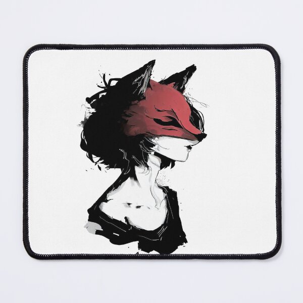 Item preview, Woman in a red fox mask black white ink drawing anime art designed and sold by TomFrontierArt.