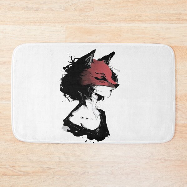 Item preview, Woman in a red fox mask black white ink drawing anime art designed and sold by TomFrontierArt.