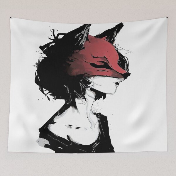 Item preview, Woman in a red fox mask black white ink drawing anime art designed and sold by TomFrontierArt.