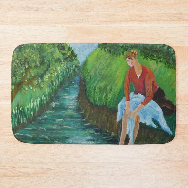 Aperçu de l'œuvre Pensive Stream Paddler - Femme contemple au bord de la rivière, peinture originale de l'artiste légendaire créée et vendue par CloudofKnowing.