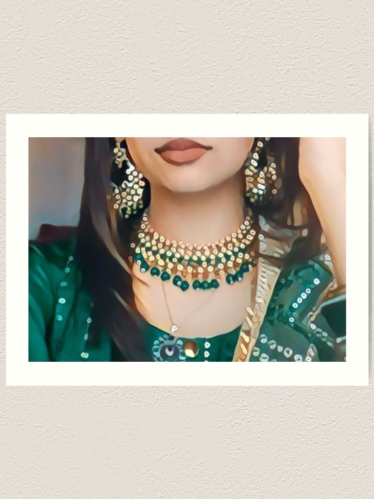 Punjabi Girl Aesthetic Art, South Asian Art, Dark Green Suit, Dark Green  Jewellery Art Print