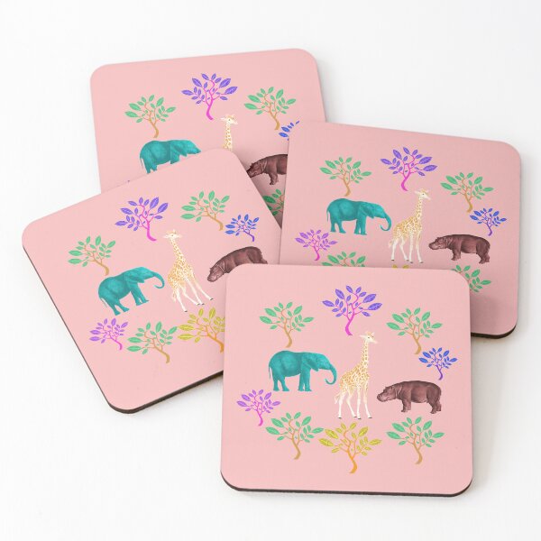 Item preview, Savannah Wild & Free Illusration with Giraffe, Hippo, Elephant, and Trees on the Light Pink Background designed and sold by IraNiva.