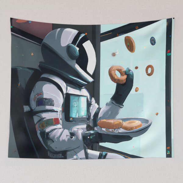 Artikelvorschau, Astronaut genießt seine Zeit mit einem Donut und blickt aus dem Fenster auf einen Donut-Regen entworfen und verkauft von print-et-al.